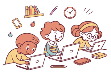 39 Cartoon children studying, diverse group of students, laptops and tablets, school supplies, colorful hairstyles, simple line drawing style, white background, educational scene, digital learning, cl