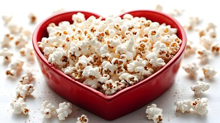 Heart Shaped Bowl of Popcorn on White Background