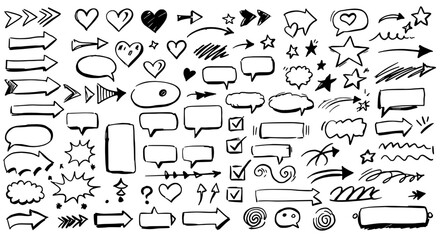 Doodle Design Elements: A collection of hand-drawn design elements, including arrows, hearts, speech bubbles, stars, and checkmarks, offering a playful touch to any design.
