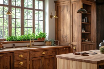 A rustic kitchen with natural wood cabinets, vintage brass fixtures, a small herb garden on the windowsill, and a butcher