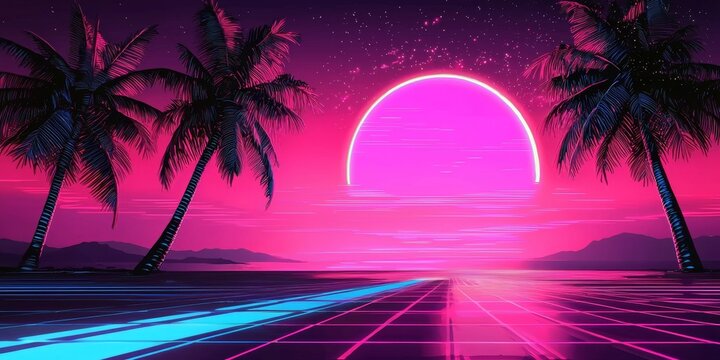 Enjoy a tropical sunset featuring iconic palm trees in vivid pink and blue hues.