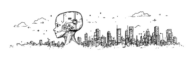 cyberpunk robot head futuristic city vector sketch doodle engraving © Kaz