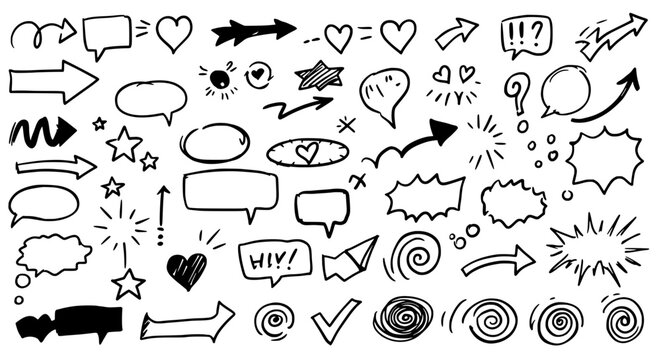 Hand-drawn Icons & Symbols: A collection of hand-drawn speech bubbles, arrows, hearts, stars and checkmarks, offering a versatile set for conveying thoughts, directions, and emotions.