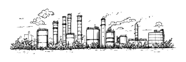 industrial factory chimneys pollution skyline vector sketch doodle engraving
