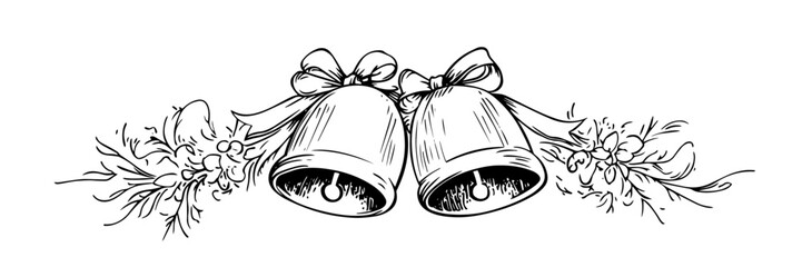 christmas bells holly ribbon holiday decoration vector sketch doodle engraving
