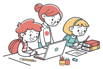 39 Cartoon children studying, diverse group of students, laptops and tablets, school supplies, colorful hairstyles, simple line drawing style, white background, educational scene, digital learning, cl