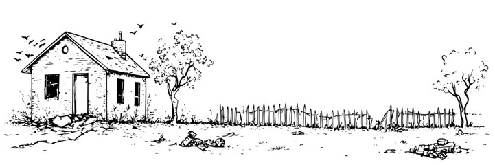 old countryside house fence tree vector sketch doodle engraving © Kaz