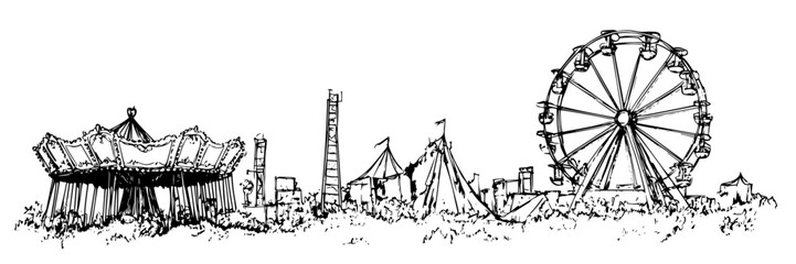 abandoned amusement park ferris wheel vector sketch doodle engraving