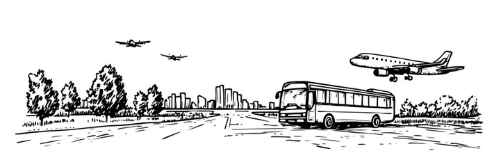 airport scene with bus and airplanes vector doodle sketch engraving © Kaz