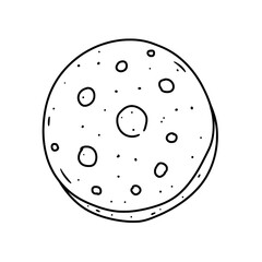 Donut: a simple monochrome line art drawing of a donut with a circular shape, ring and dotted texture, evoke a feeling of simplicity and sweetness