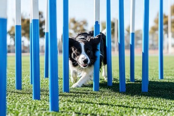 Intense Collie Weaving Through Agility Course Poles in Outdoor Action