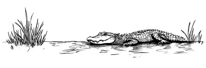 alligator resting near water vector doodle sketch engraving