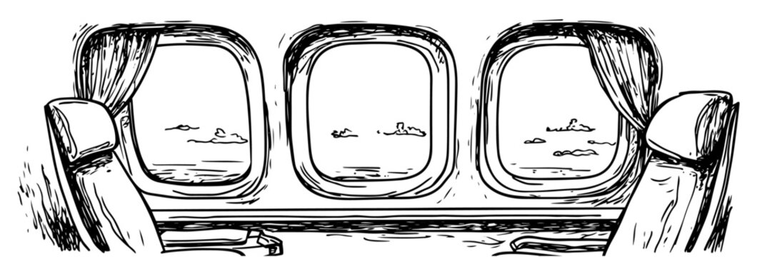 train window view with sea and ships vector doodle sketch engraving