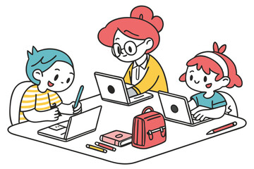 39 Cartoon children studying, diverse group of students, laptops and tablets, school supplies, colorful hairstyles, simple line drawing style, white background, educational scene, digital learning, cl