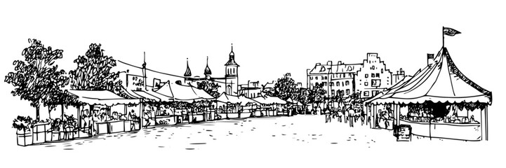 Naklejka premium outdoor market with tents and city view vector doodle sketch engraving