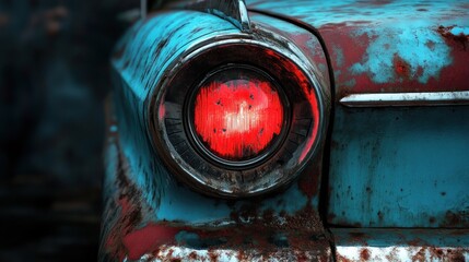 Rusty vintage car taillight, outdoors, blurred background, possible use automotive design