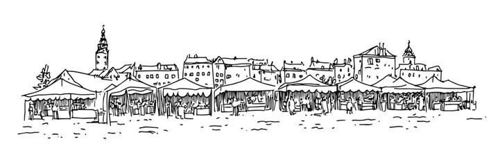 Obraz premium outdoor market with tents and cityscape vector doodle sketch engraving