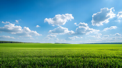 Fototapeta premium Vast green field under a blue sky with fluffy clouds