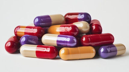 Create a collection of pills stacked haphazardly, with shiny coatings in shades of red, purple, and beige.
