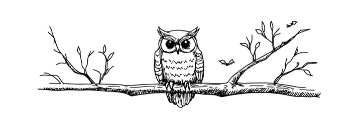 owl sitting on branch vector doodle sketch engraving