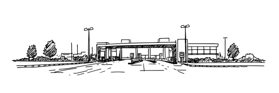 highway toll booth station vector doodle sketch engraving