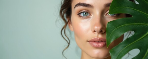 Close-up beauty portrait young woman with green leaf. Female face, perfect skin, natural make-up. Skincare, wellness, cosmetic advertising banner, poster design. Eco, health.