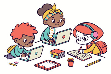 39 Cartoon children studying, diverse group of students, laptops and tablets, school supplies, colorful hairstyles, simple line drawing style, white background, educational scene, digital learning, cl