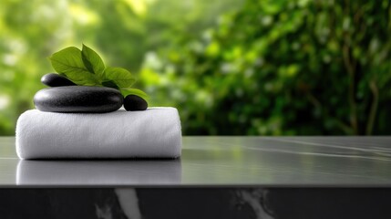 Spa stones and towel on marble surface