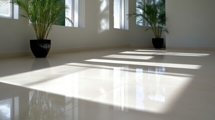 Bright, sun-drenched interior space with polished tile flooring and potted plants