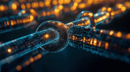 A blockchain-powered supply chain system visualized with glowing interconnected nodes