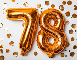 Orange balloon number 78 for seventy-eighth birthday or anniversary party. White background with confetti