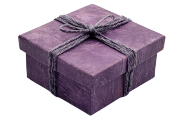 A purple gift box with a gray string bow on a Isolated on white transparent background