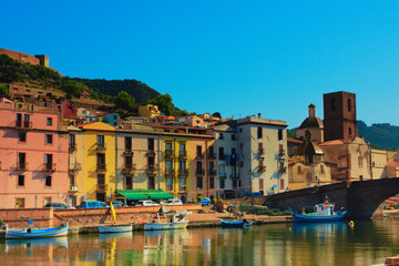Colorful buildings on the river bank. Charming town of Bosa, Sardinia, Italy
