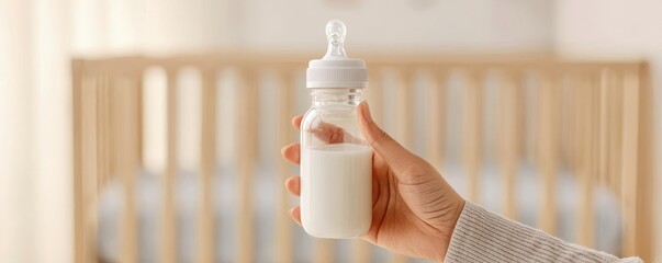 Parenting resources for family concept. Hand holds a baby bottle filled with milk, set against a soft-focus background of a nursery with a crib.
