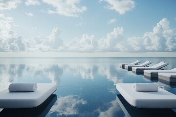 Tranquil Oceanside Relaxation: White Loungers and Calm Water