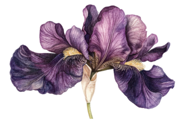 A detailed illustration of a purple iris flower against a stark Isolated on white transparent background