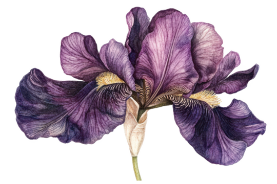 A detailed illustration of a purple iris flower against a stark Isolated on white transparent background