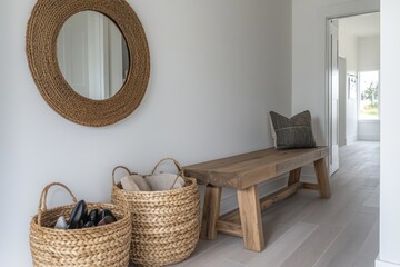 Fototapeta premium A Scandinavian-inspired entryway with a wooden bench, a round mirror, a woven basket for shoes, and clean lines throughout