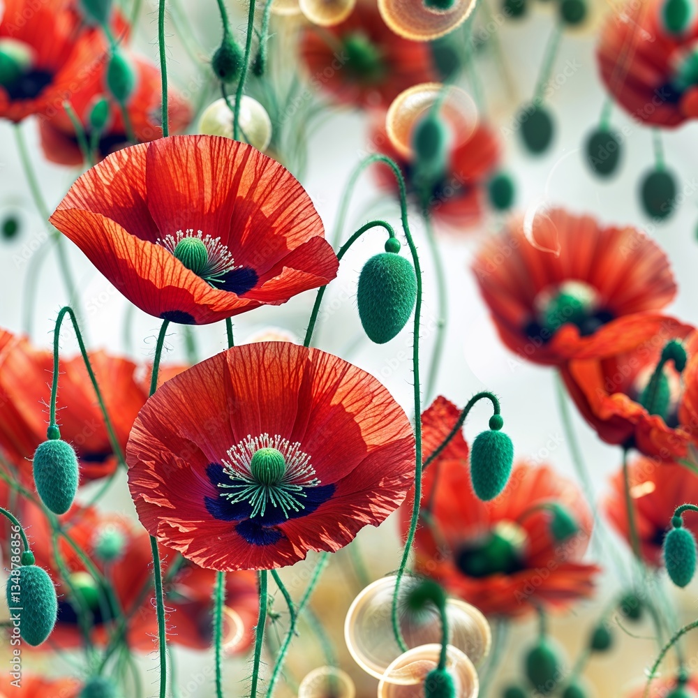 Poster vibrant red poppies with intricate details create a mesmerizing display in a serene setting during d