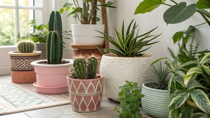 Stylish composition of home garden interior filled a lot of beautiful plants, cacti, succulents, air plant in different design pots
