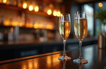 Two glasses cold champagne wine bar. Golden drink bubbles. Celebration, party, event. Alcoholic beverage. Festive night. Restaurant, cafe, club, bar, nightlife, aperitif. Luxury lifestyle.