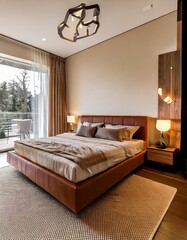  A sleek, contemporary bedroom featuring a caramel brown platform bed, a soft beige area rug