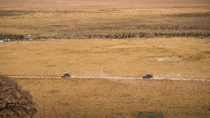 Two jeeps carrying tourists on safari are driving through ngorongoro crater in tanzania, africa © Larraend Fotografía