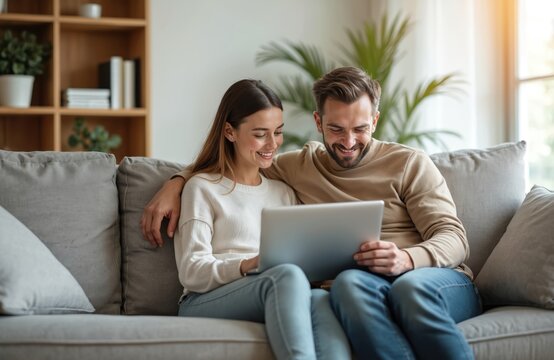 Young couple using laptop computer, watching media, shopping online, video calling from home. Man, woman happy, relaxing together on comfortable sofa in living room. Family spending weekend time