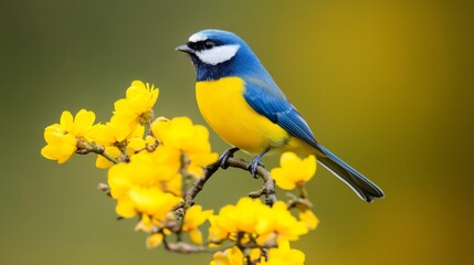 Obraz premium Blue Tit on Forsythia Branch - A Colorful Spring Portrait, Bird Photography, Wildlife