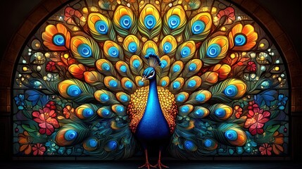 Naklejka premium Vibrant peacock, stained glass art