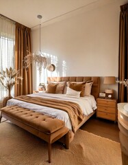 Fototapeta premium A cozy and modern bedroom featuring a soft tan linen bed, a mocha-toned bench, and warm wood.