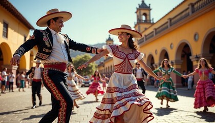 Energetic folkloric dance from Mexico during vibrant street festival celebration
