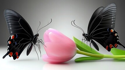 Two black butterflies rest beside a pink flower together