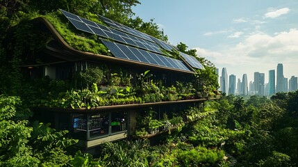 A Cozy Wooden Cabin Nestled in the Forest, Featuring Modern Solar Panels on the Roof, Harmonizing with Nature